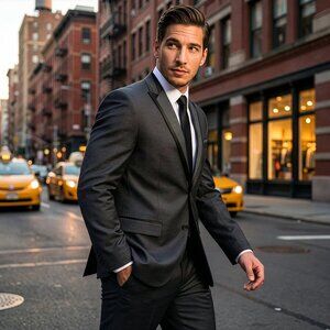 New 2026 Mens 2pc Grey Textured Suit Set w/ Satin Underlay Peak Lapel, Slim Fit